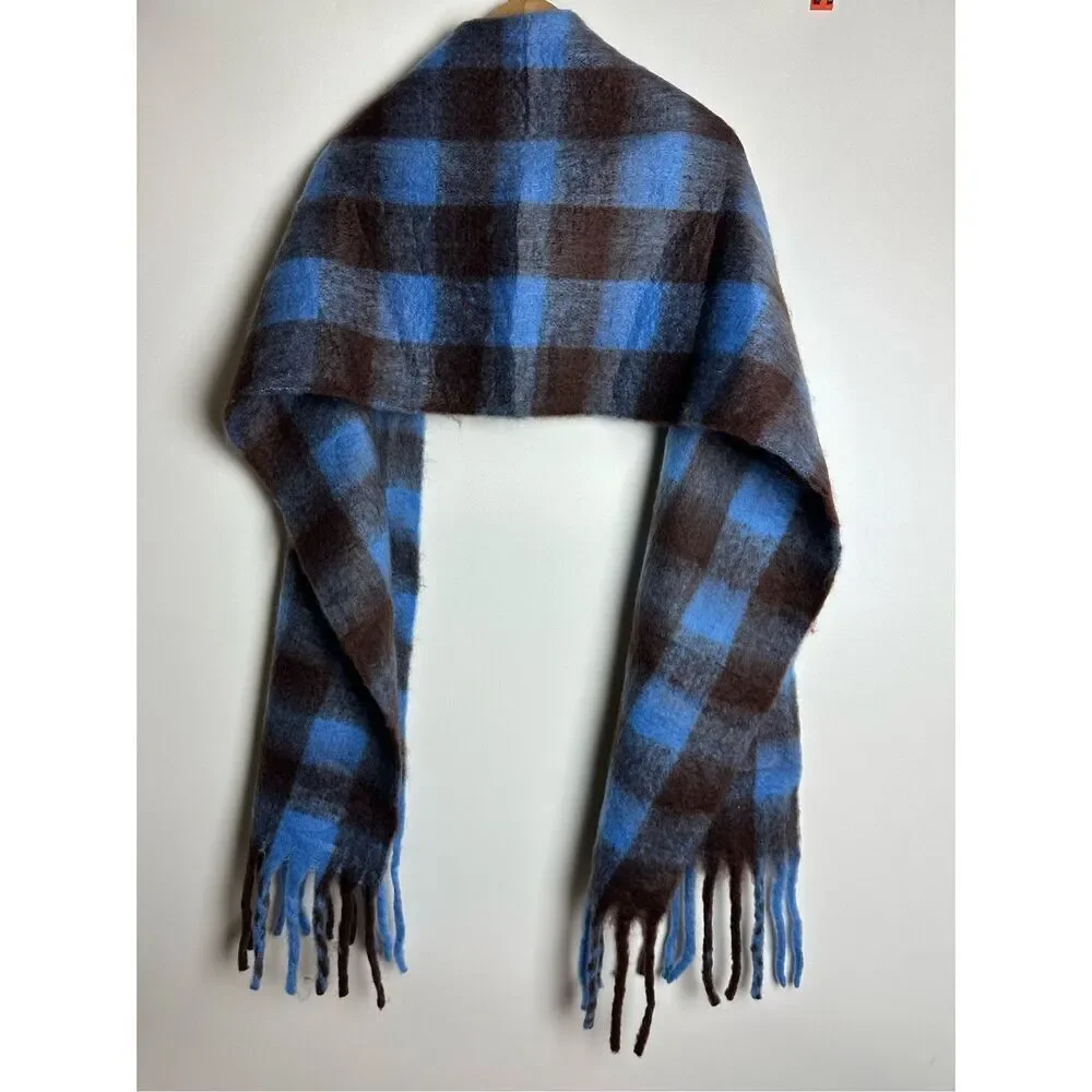 Blue and brown plaid oversized scarf